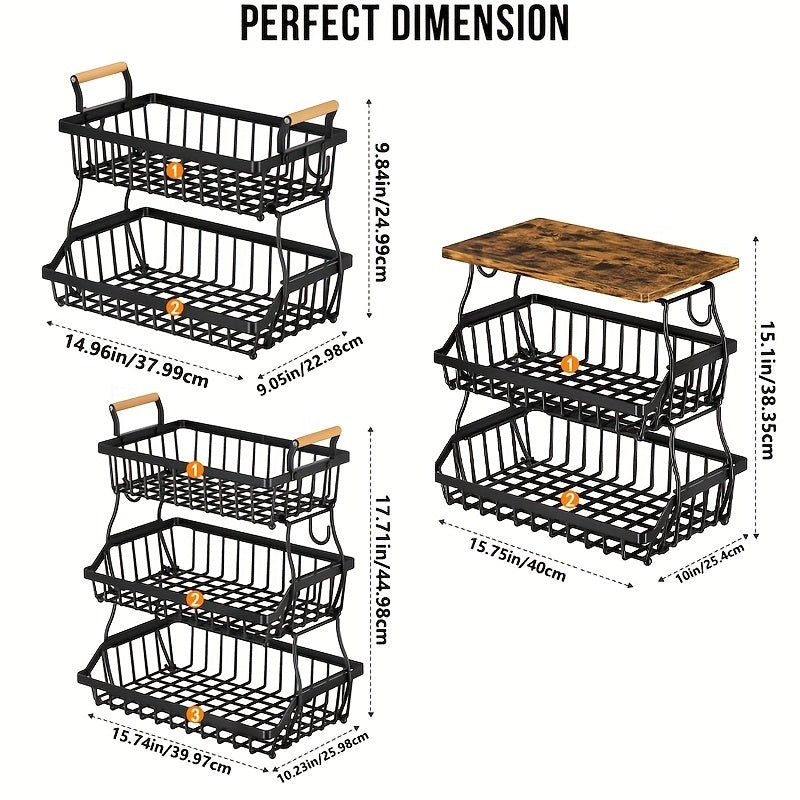 Black metal tiered storage baskets with dimensions on a white background