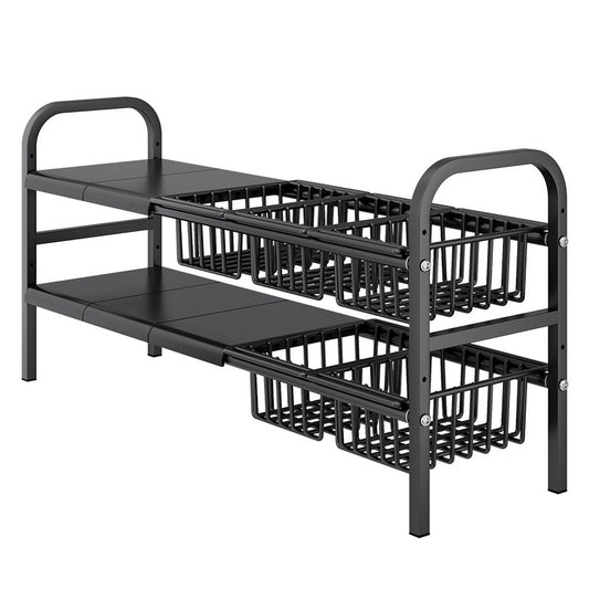 Black metal bed frame with storage baskets on a white background
