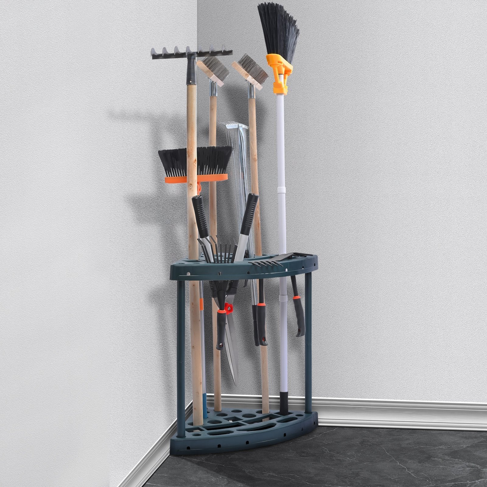 Corner tool rack holding various gardening tools against a white wall.